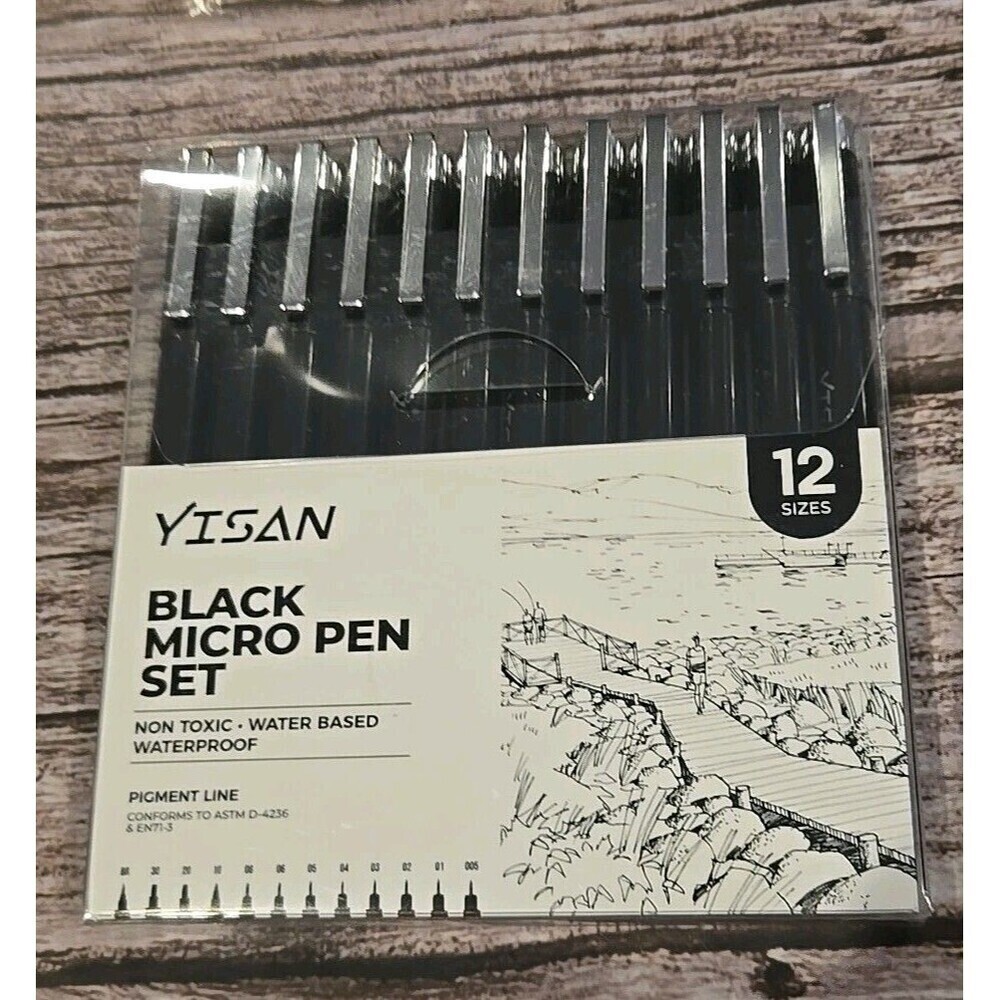 YISAN Black Micro Pen Set 12 Sizes Non Toxic New (194)